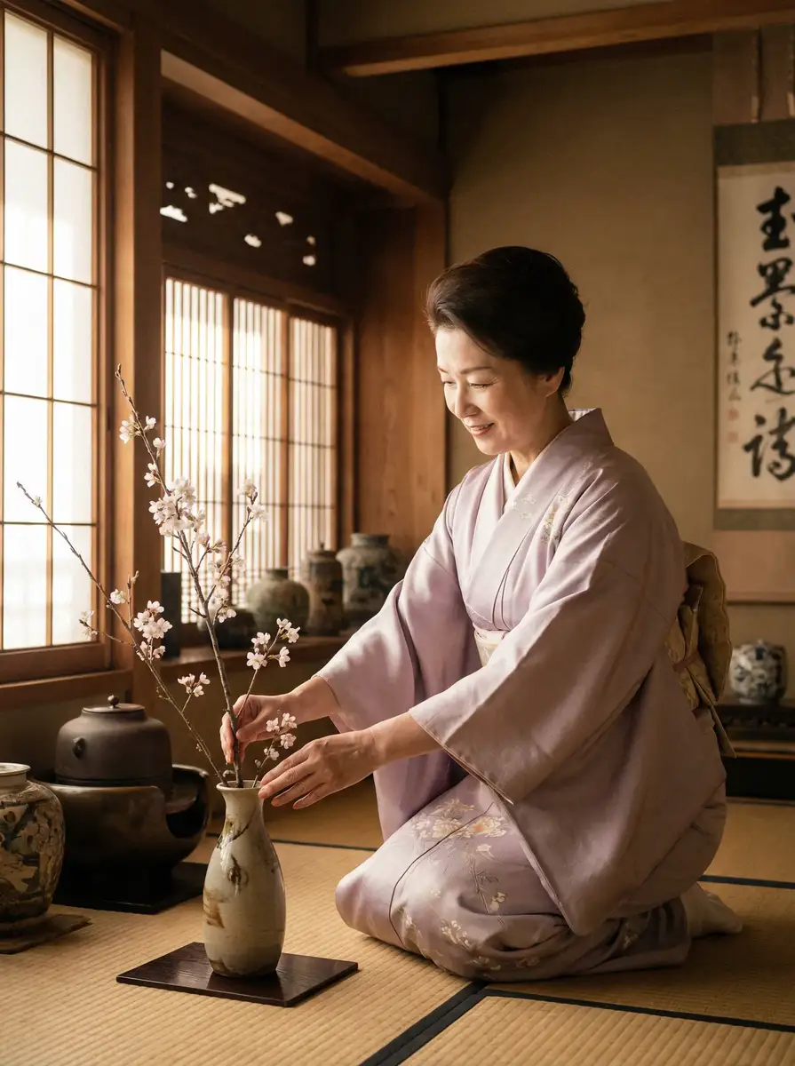 一位优雅的 媳妇的美好时代 在和室中插花